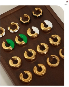 Collection of 18K gold plated thick C-shaped hoop earrings with colorful enamel inlay details