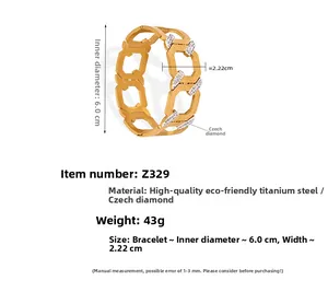 Detailed size specifications for gold titanium steel cuff bracelet with geometric H-links