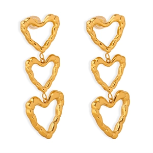 Gold heart drop earrings with three layered irregular hammered metal loops