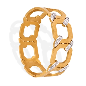 Men's gold-tone geometric C-shaped bangle with cubic zirconia insets and hammered texture