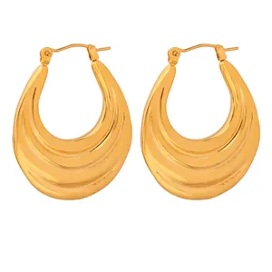 Vintage French Stainless Steel Gold Plated Geometric Crescent Hoop Earrings With Ripple Texture For Women Elegant Jewelry