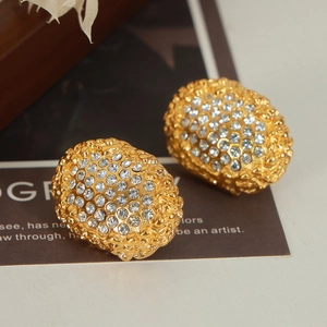 French Vintage Oval Earrings Gold Plated Titanium Steel Luxury Honeycomb Texture With Imitation Artificial Pearl Or Zircon For Women