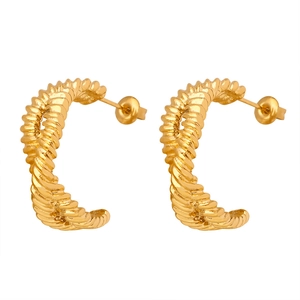 Chic gold-toned C-shaped twisted rope earrings with minimalist irregular design in titanium steel