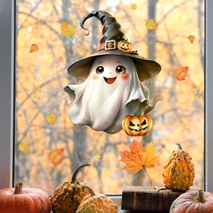 Halloween window stickers featuring a cute ghost with witch hat and autumn leaves