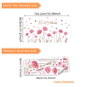 Stickers muraux fleurs de pavot roses et papillons pour décoration de maison