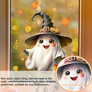 Halloween static window clings set featuring cute cartoon ghost with witch hat and maple leaves