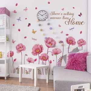 Stickers muraux fleurs roses avec papillons et citation Home pour chambre cosy