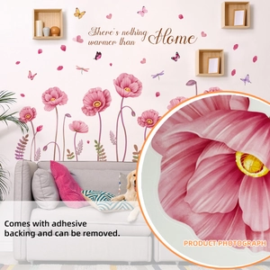 Stickers muraux fleurs roses avec libellule et citation pour décor de salon chaleureux