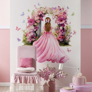 Sticker mural arche de fleurs roses et fille en robe pour décoration romantique