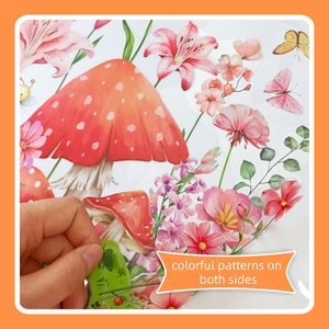 Detail showing double-sided floral stickers with colorful mushroom and plant patterns