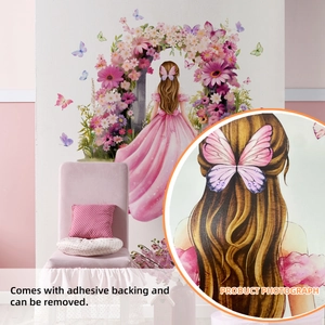 Sticker mural fille et arche de fleurs roses pour décoration de chambre en PVC