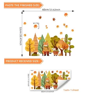 Cartoon forest fox and hedgehog window stickers size guide showing 60x52cm finished dimensions