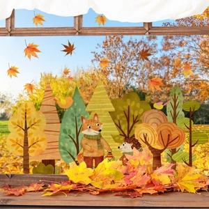 Autumn forest fox and hedgehog window stickers with maple leaves in seasonal colors