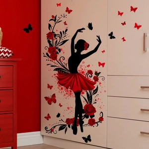 Red rose and butterfly ballet dancer silhouette wall decals for living room decor