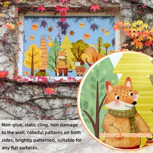 Detail of double-sided autumn static window decals with fox, hedgehog and maple leaves