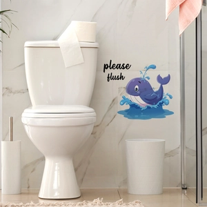 Adesivo murale balena cartoon con testo 'please flush' per decorazione del bagno