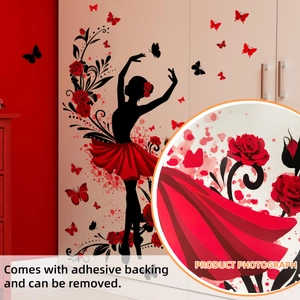Red rose and ballerina silhouette wall stickers with butterflies for home decoration