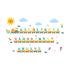 Detailed view of colorful alphabet train wall stickers with clouds and stars for kids