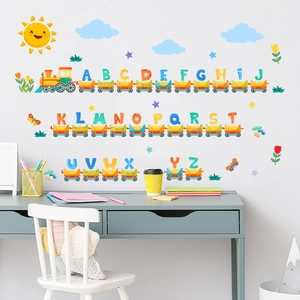 Cartoon alphabet train wall sticker for kids room decor with 26 letters and sun clouds