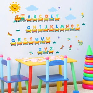 Cartoon alphabet train wall sticker set with colorful letters and clouds for nursery decor