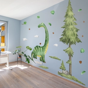 Stickers muraux dinosaure aquarelle avec décor de feuilles pour chambre d'enfant