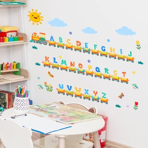 Colorful alphabet train wall decals for kids' room decoration featuring A-Z cartoon cars
