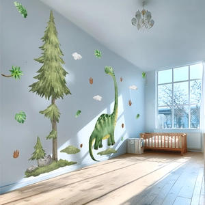 Stickers muraux dinosaures aquarelle avec grand brachiosaure et pins pour chambre enfant
