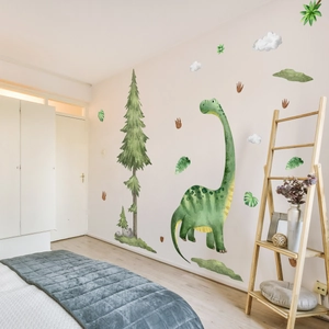 Détail de stickers muraux dinosaures à l'aquarelle avec dinosaures à long cou et feuilles