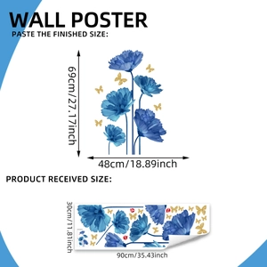 Blue floral wall stickers with golden butterflies and size dimensions 69x48cm
