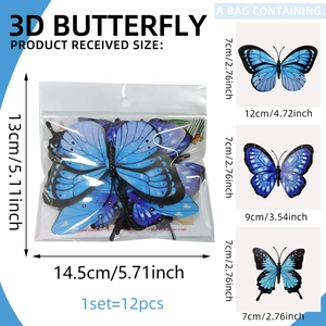 12-piece 3D gradient blue butterfly wall stickers set with 14.5x13cm package and dimensions