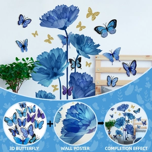 Detail of 3D blue and gold butterfly stickers with floral wall posters for home decor