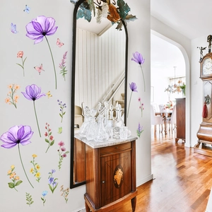 Floral wall decals with purple flowers and colorful butterflies for room decoration