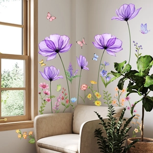 Romantic violet flower wall stickers with 3D butterflies for bedroom wall decoration