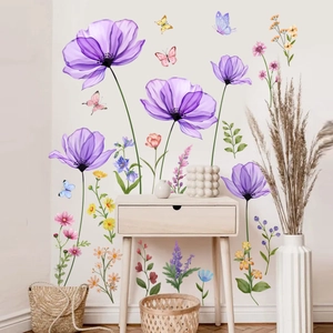 Creative Purple Flower Butterfly Wall Sticker PVC Self-Adhesive Watercolor Floral Decal For Living Room Bedroom Home Decoration