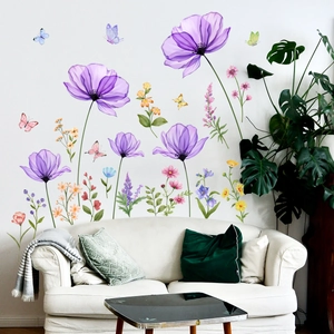 Self-adhesive watercolor purple flower and butterfly wall stickers for home decoration