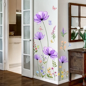 Floral wall decals with purple flowers and colorful butterflies for living room decor
