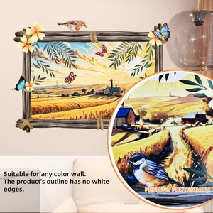 Sticker mural 3D paysage pastoral avec champ de blé au coucher du soleil et cadre bois