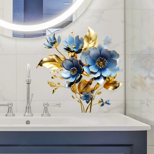 Creative Blue Gold Flower Toilet Lid Sticker Removable PVC Waterproof Bathroom Home Decor Floral Wall Art Decal