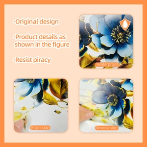 Macro detail of waterproof blue floral toilet sticker showing transparent adhesive film