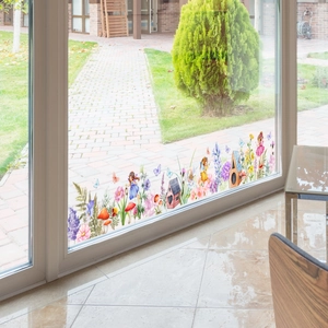 Raamsticker met bloementuin, elfjes en paddenstoelen voor glasdecoratie