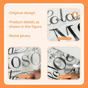 Detailed views of waterproof Spanish toilet stickers showing front and reverse textures