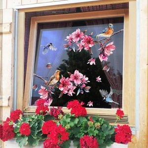 Floral window stickers with peach blossom branches and birds for glass decoration