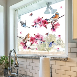 Double-sided watercolor static window clings featuring pink peach blossoms and birds