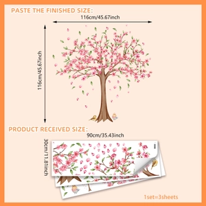 Pink cherry blossom tree wall stickers with birds, set of 3 sheets 30x90cm home decor