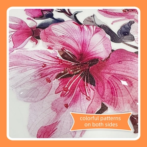 Detail of double-sided colorful peach blossom window stickers with realistic water droplets