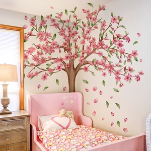 Large Pink Peach Blossom Tree Wall Decal With Birds Flowers Leaves Removable PVC Vinyl Stickers For Bedroom Home Decor