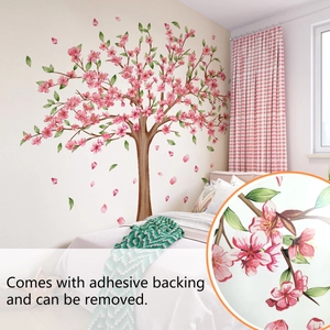 Self-adhesive cherry blossom tree wall decal with pink petals for bedroom decoration