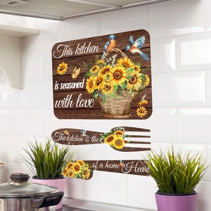 Kitchen wall decal set with sunflower basket, bird and fork spoon with rustic wood texture