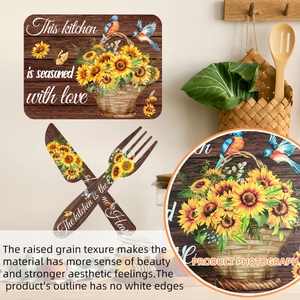 Kitchen wall decor featuring sunflower basket, utensils, and seasonal wood grain texture
