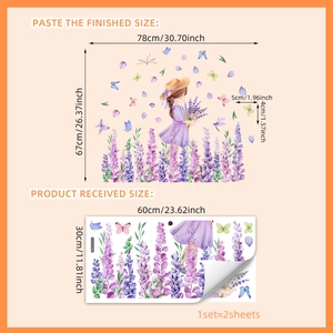 Lavender girl and butterflies wall decals with size guide for bedroom decor